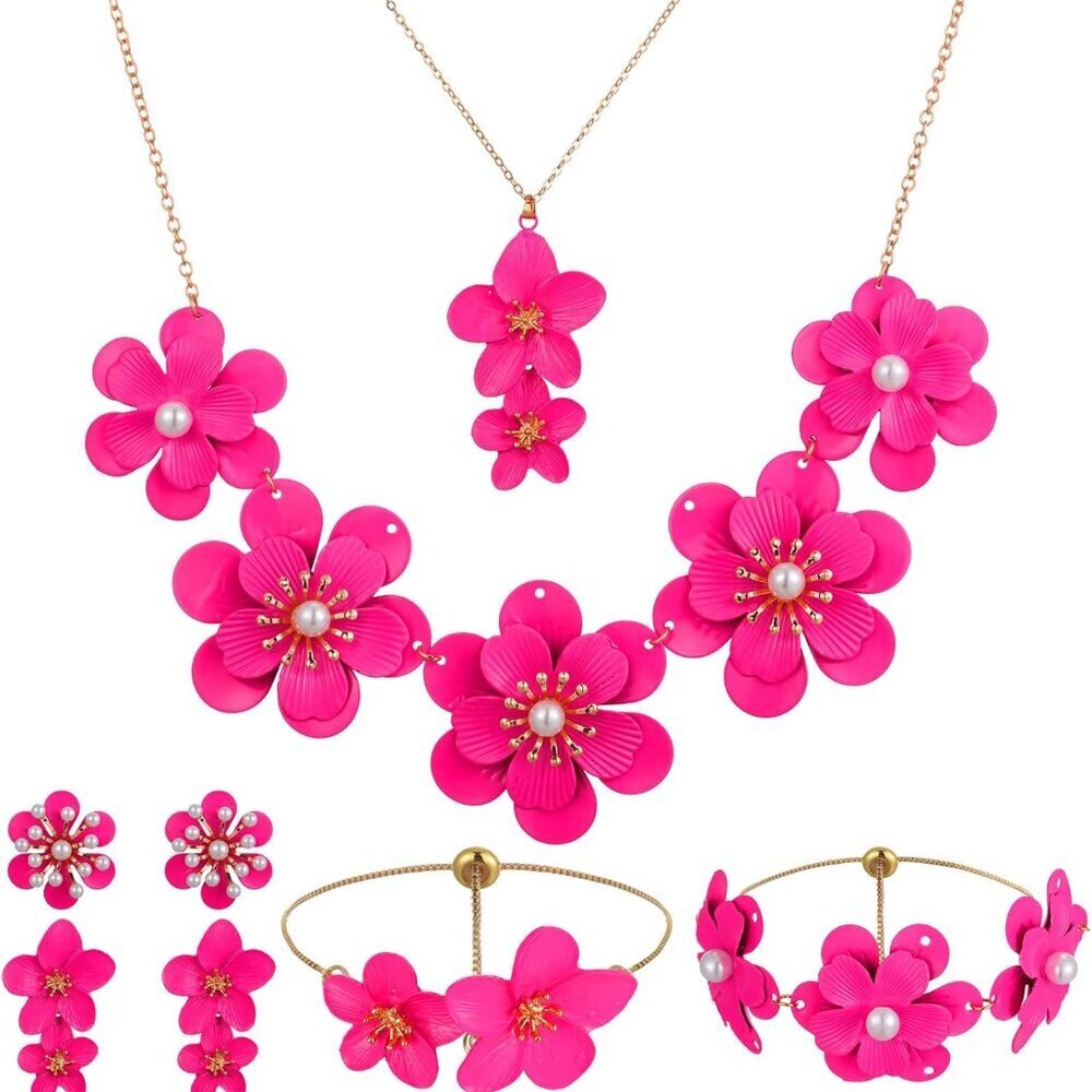 Flower Jewelry Set Women Rhinestone Alloy Necklace Earrings Bracelets Gift